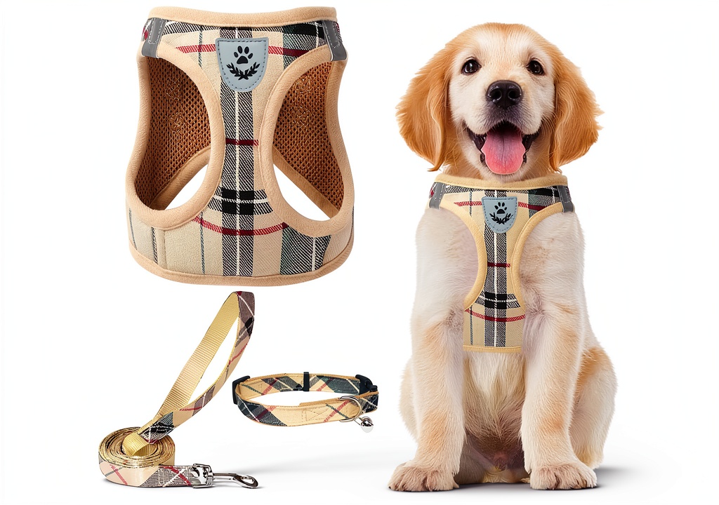 Installing PUPTECK Dog Harness No Pull Step In Reflective Plaid Vest on a wooden desk