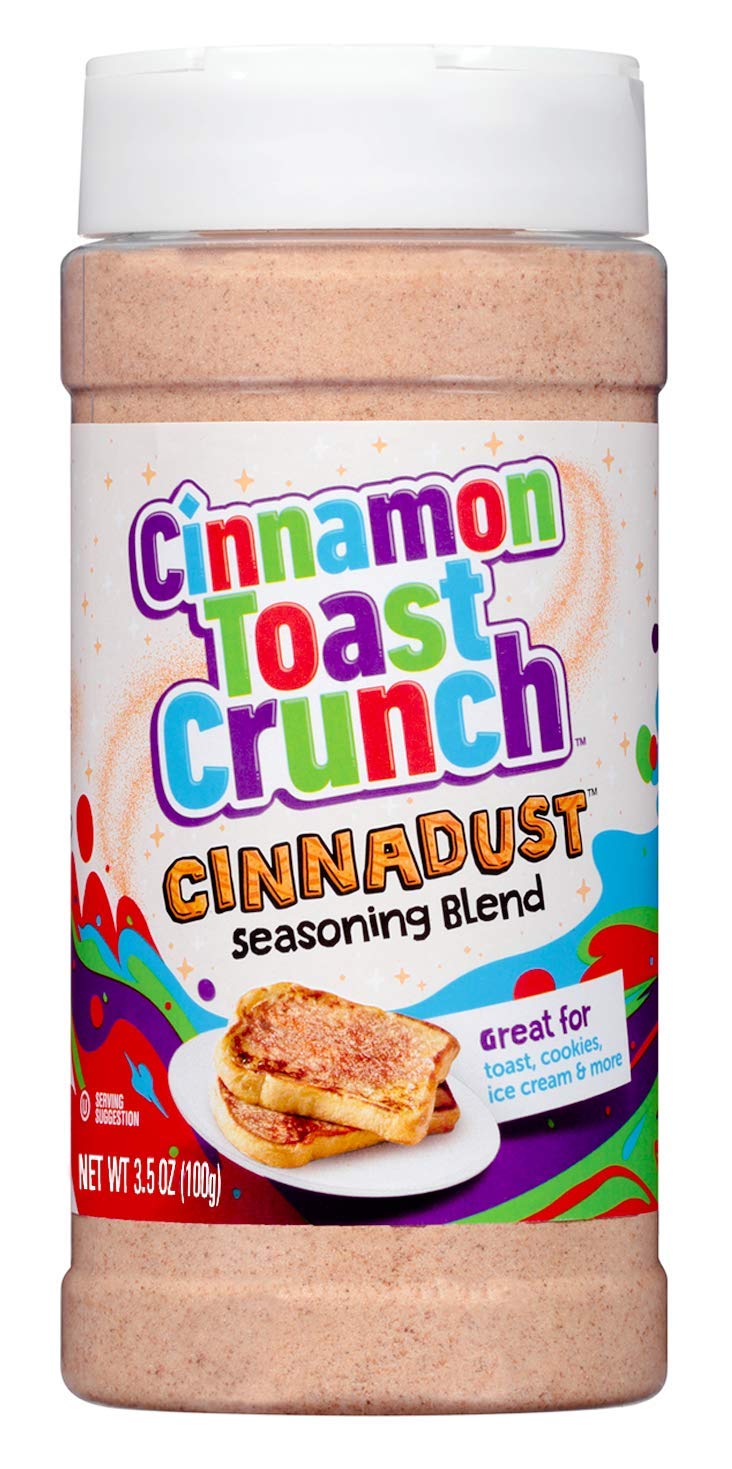 Cinnamon Toast Crunch Cinnadust spice jar on a kitchen counter